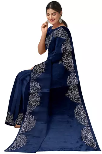 Navy blue embroideres organza silk saree