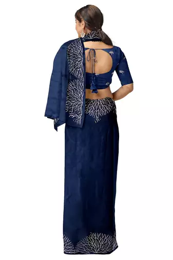 Navy blue embroideres organza silk saree