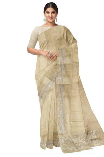 Dark off white embroidered organza silk designer saree