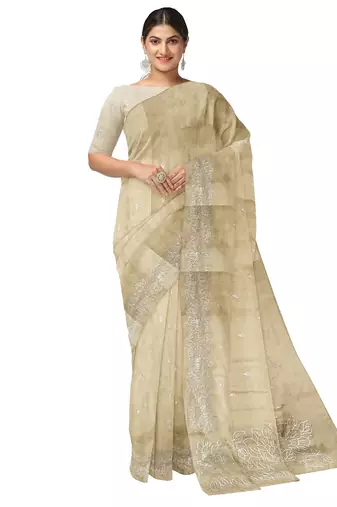 Dark off white embroidered organza silk designer saree