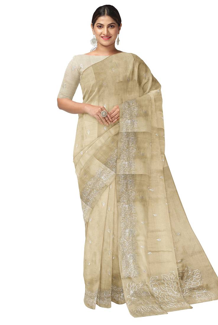 Dark off white embroidered organza silk designer saree