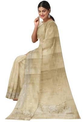 Dark off white embroidered organza silk designer saree 2