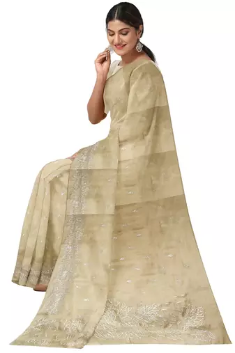 Dark off white embroidered organza silk designer saree