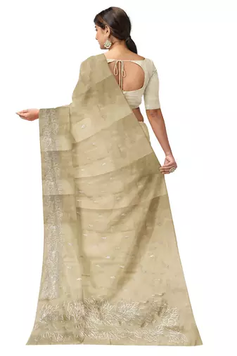 Dark off white embroidered organza silk designer saree