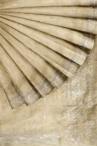 Dark off white embroidered organza silk designer saree