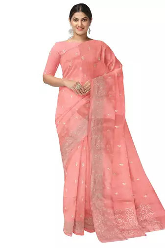 Peach pink embroidered organza silk designer saree