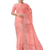 Peach pink embroidered organza silk designer saree