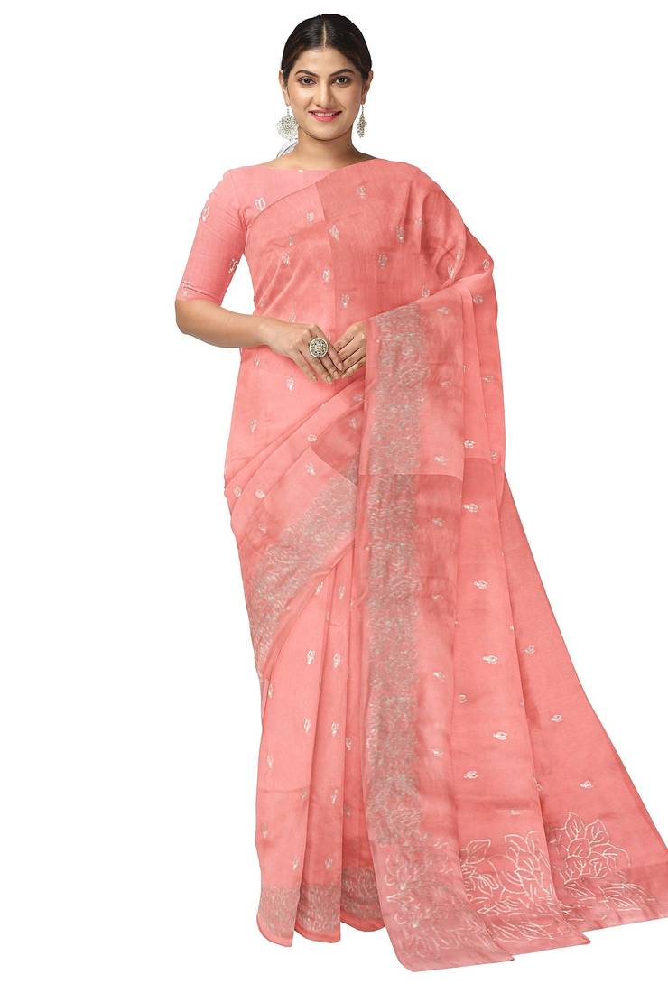 Peach pink embroidered organza silk designer saree