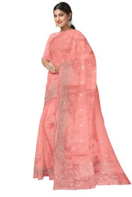 Peach pink embroidered organza silk designer saree 2