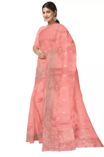 Peach pink embroidered organza silk designer saree