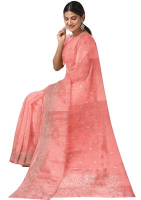 Peach pink embroidered organza silk designer saree 3