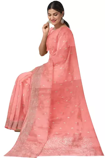 Peach pink embroidered organza silk designer saree