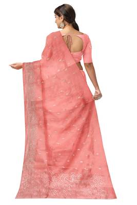 Peach pink embroidered organza silk designer saree 4