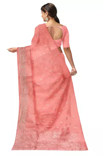 Peach pink embroidered organza silk designer saree