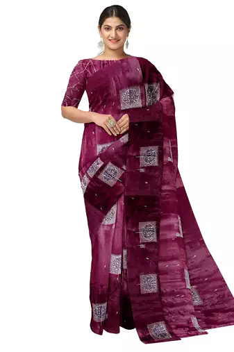 Wine purple printed & embroidered organza silk designer saree