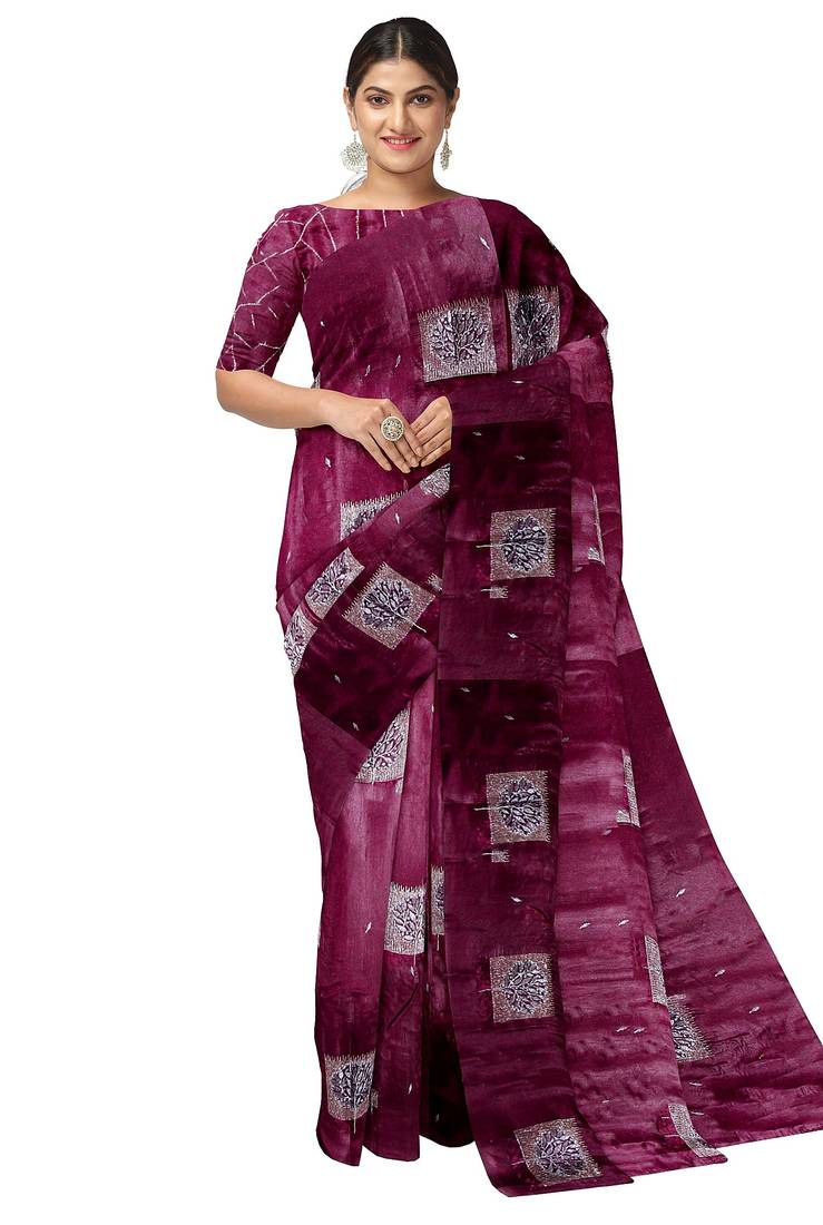 Wine purple printed & embroidered organza silk designer saree