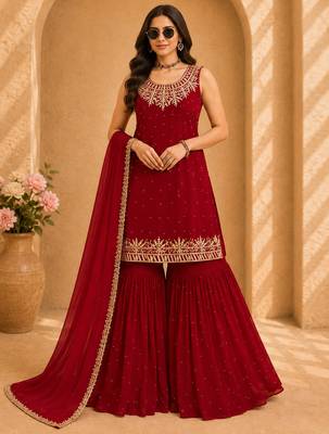 Red faux georgette embroidered sharara suit with dupatta 1