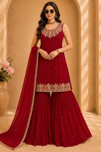 Red faux georgette embroidered sharara suit with dupatta