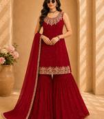 Red colour faux georgette embroidered sharara suit with dupatta
