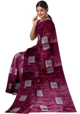 Wine purple printed & embroidered organza silk designer saree 2