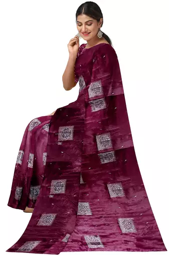 Wine purple printed & embroidered organza silk designer saree