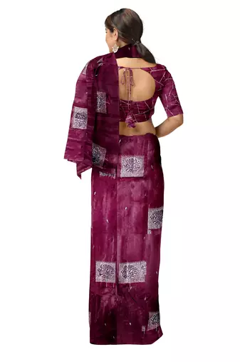 Wine purple printed & embroidered organza silk designer saree