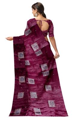 Wine purple printed & embroidered organza silk designer saree 4