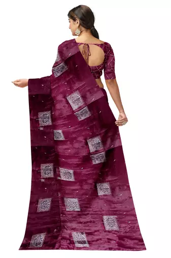 Wine purple printed & embroidered organza silk designer saree