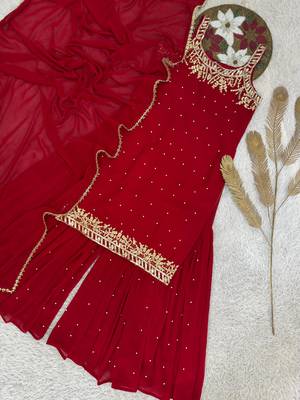 Red faux georgette embroidered sharara suit with dupatta 3