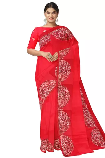 Bright red embroidered organza silk designer saree