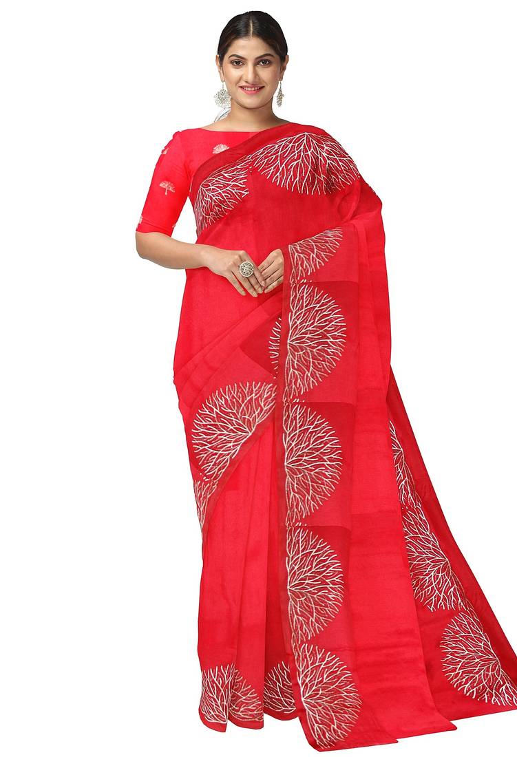 Bright red embroidered organza silk designer saree