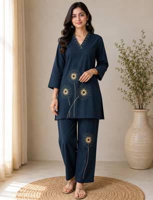 Blue colour pure cotton kantha work co-ord set 1