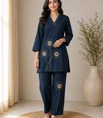 Blue colour pure cotton kantha work co-ord set
