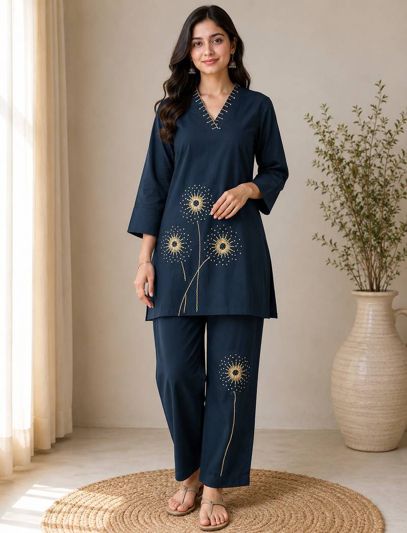 Blue colour pure cotton kantha work co-ord set
