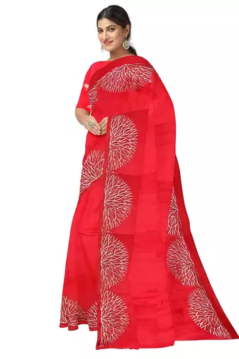 Bright red embroidered organza silk designer saree