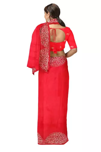 Bright red embroidered organza silk designer saree