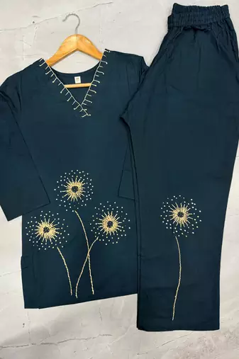 Blue colour pure cotton kantha work co-ord set