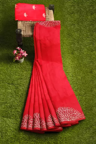 Bright red embroidered organza silk designer saree
