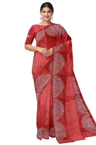 Brick red embroidered organza silk designer saree
