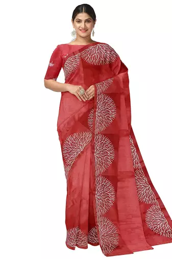 Brick red embroidered organza silk designer saree