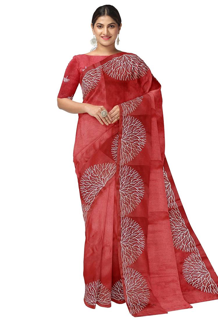 Brick red embroidered organza silk designer saree