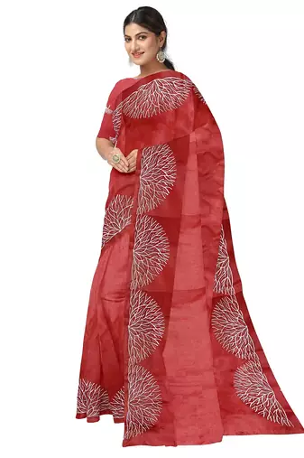 Brick red embroidered organza silk designer saree