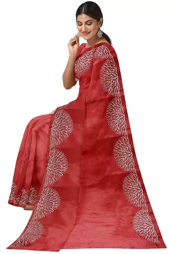 Brick red embroidered organza silk designer saree