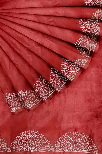 Brick red embroidered organza silk designer saree