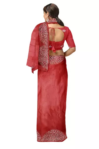 Brick red embroidered organza silk designer saree