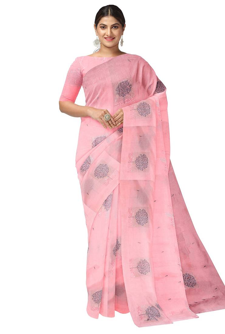 Baby pink tree motif organza silk designer saree