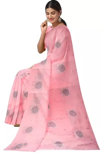 Baby pink tree motif organza silk designer saree