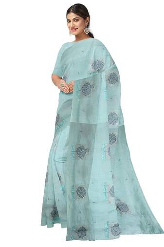 Mint blue tree motif organza silk designer saree