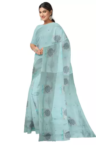 Mint blue tree motif organza silk designer saree