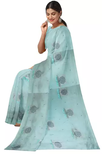 Mint blue tree motif organza silk designer saree